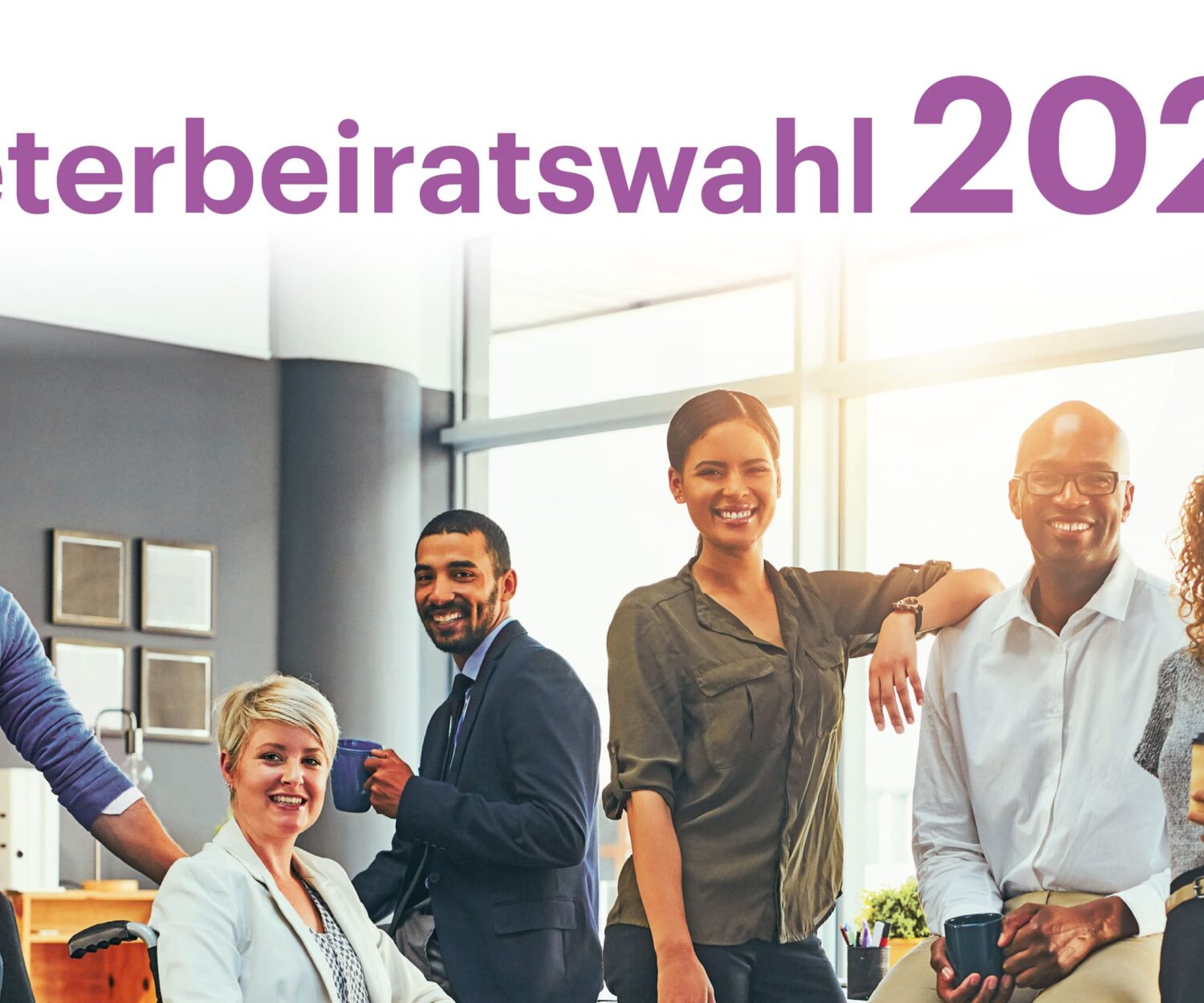 Ein Ausschnitt aus dem Plakat zur Wahl der Mieterbeiräte, die von berlinovo organisiert wurde. Auf dem Bild sind sechs Personen unterschiedlichen Geschlechts und Hautfarbe. Alle blicken freundlich in die Kamera. Über dem Bild steht die Überschrift „Mieterbeiratswahl 2023”.