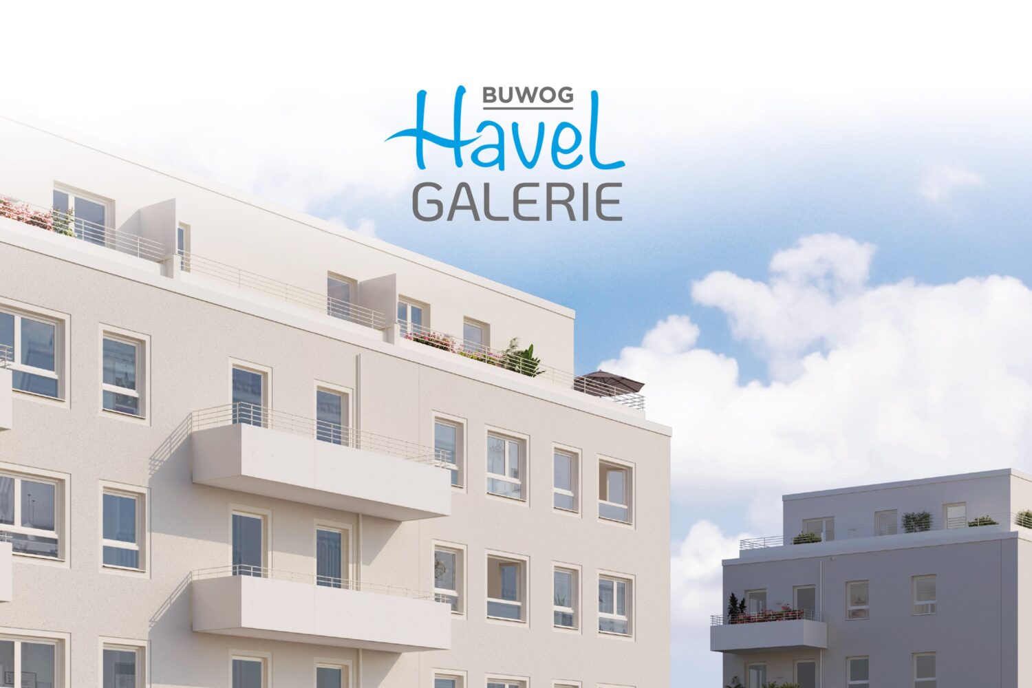 Ein Ausschnitt der Titelseite des Exposé zu BUWOG HAVELGALERIE, einem der aktuellen Bauprojekte der BUWOG. Auf dem Titelbild ist eine Visualisierung von zwei Wohngebäuden vor blauem Himmel und weissen Wolken. Oben in der Mitte des Bildes ist das Logo des Bauprojekts BIWOG HAVELGALERIE zu sehen.