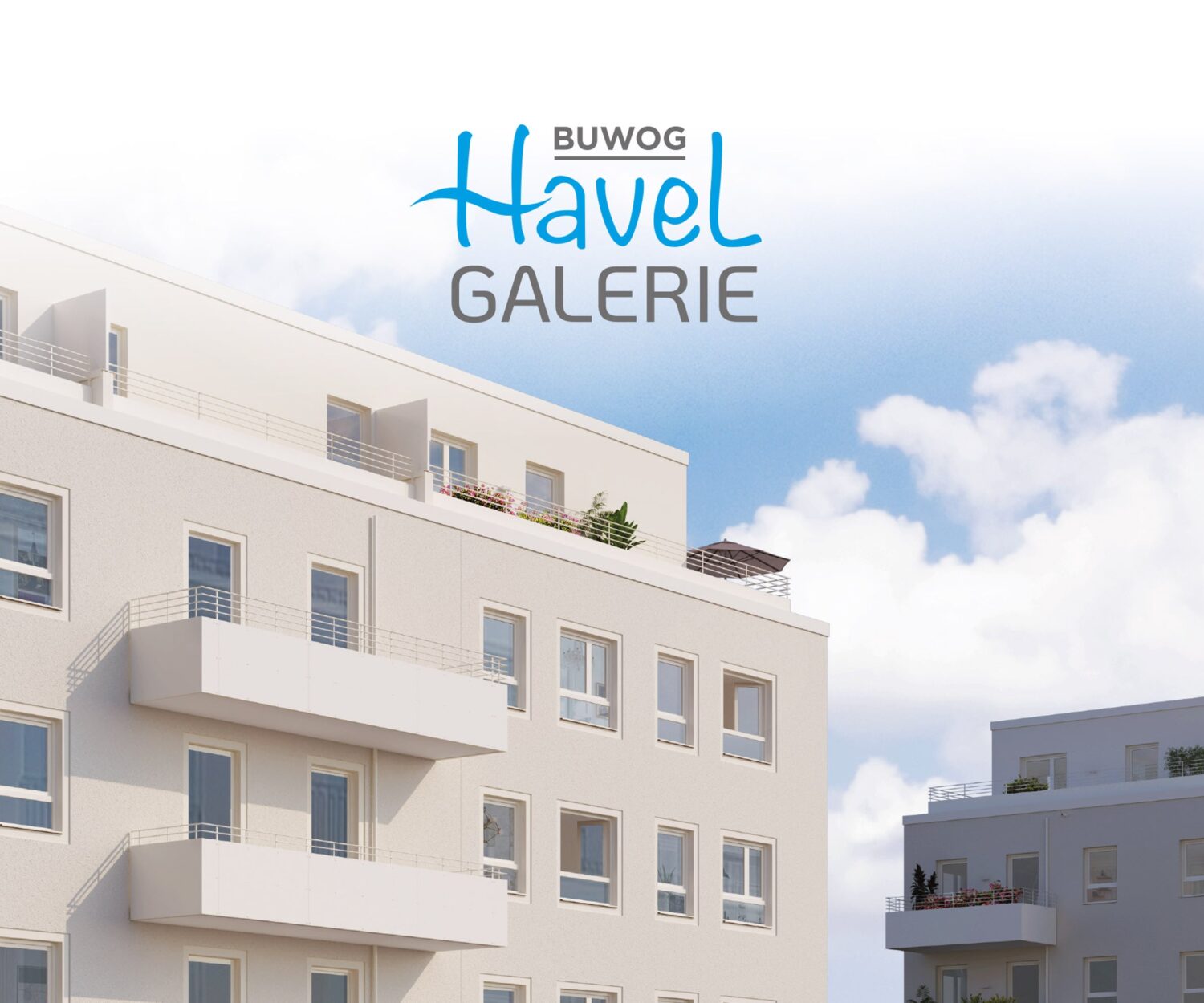 Ein Ausschnitt der Titelseite des Exposé zu BUWOG HAVELGALERIE, einem der aktuellen Bauprojekte der BUWOG. Auf dem Titelbild ist eine Visualisierung von zwei Wohngebäuden vor blauem Himmel und weissen Wolken. Oben in der Mitte des Bildes ist das Logo des Bauprojekts BIWOG HAVELGALERIE zu sehen.