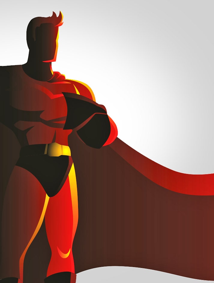 Eine Illustration, die die Silhouette der Comicfigur vom „Superman” zeigt, der in einer selbstbewussten Haltung steht. Die Silhouette ist in schwarz, das Cape ist in rot.