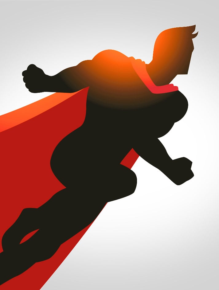 Eine Illustration, die die Silhouette der Comicfigur vom „Superman” zeigt, der einen Anlauf nimmt, bevor er in die Luft steigt. die Silhouette ist in schwarz, das Cape ist in rot.
