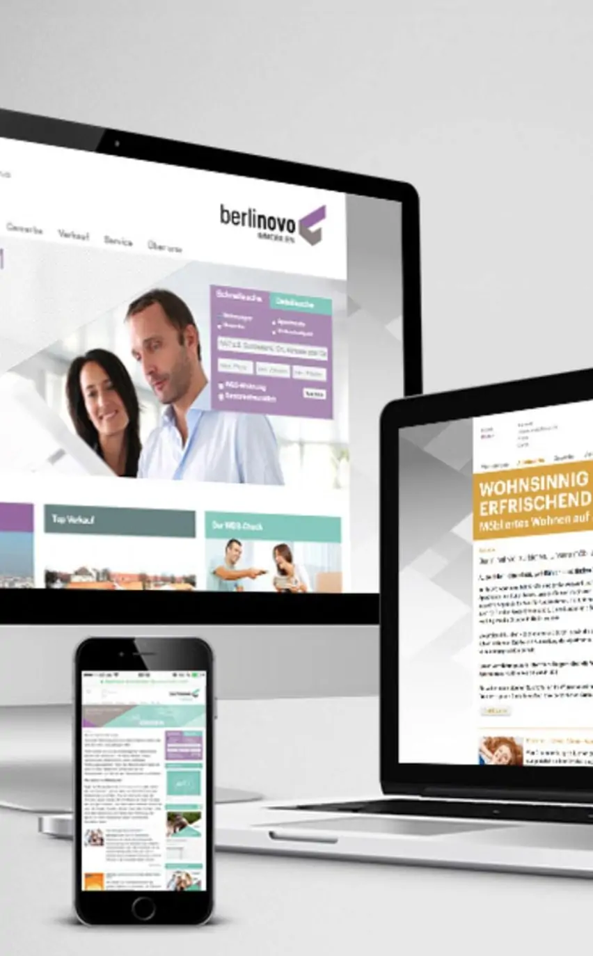 Die Startseite des Webauftritts von berlinovo wird auf Bildschirmen unterschiedlicher Größe präsentieret.