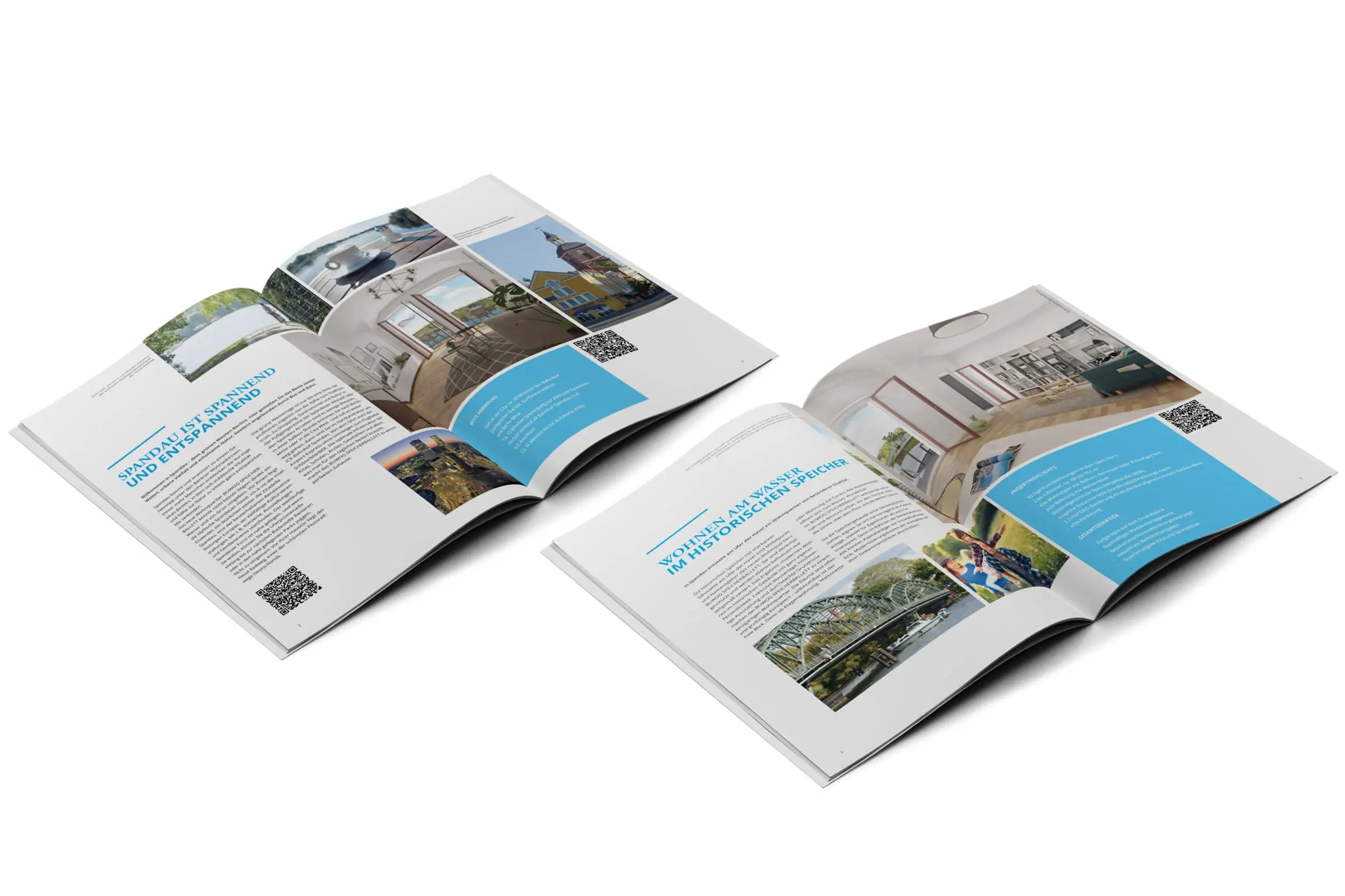 Zwei aufgeschlagene Doppelseiten des Exposé zu BUWOG SPEICHERBALLETT, einem der Bauprojekte der BUWOG. Abgebildet sind Visualisierungen der möblierten Wohnungen, Fotos von Spandau und Umgebung und einer fröhlichen Familie in einem Park.