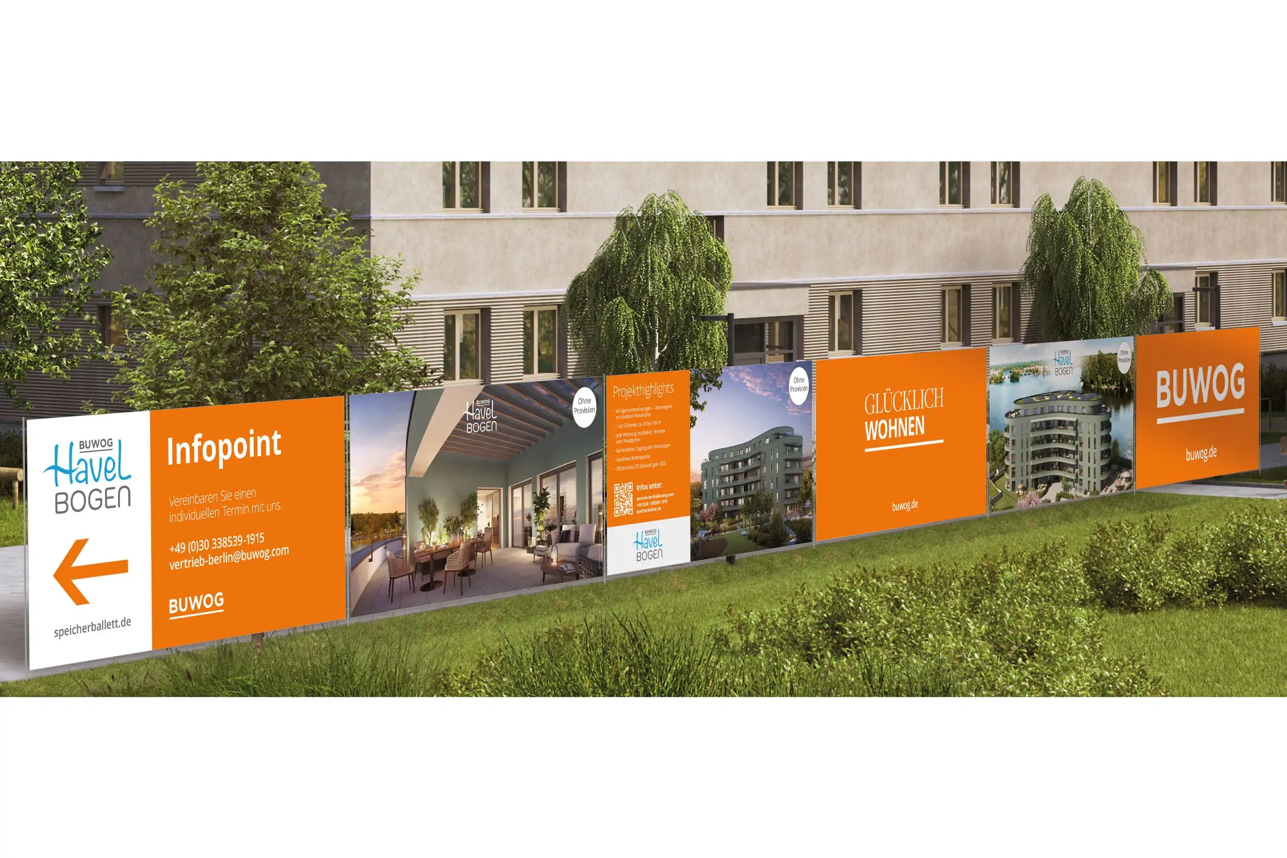 Visualisierung eines Bauzauns mit Informationen zum aktuellen Bauprojekt. Abgebildet sind das Logo des Bauprojekts BUWOG HAVELBOGEN, eine orangene Fläche mit der Überschrift INFOPOINT und Kontaktdaten, Visualisierung einer möblierten Wohnung, eine orangene Fläche mit der Überschrift PROJEKTHIGHLIGHTS und Daten zum Bauprojekt, Visualisierung einer Aussenansicht des Bauprojekts in Abendstimmung, eine orangene Fläche mit der Überschrift GLÜCKLICH WOHNEN, Visualisierung eines 5 stöckigen Gebäudes mit dem Logo BUWOG HAVELBOGEN, eine orangene Fläche mit dem Logo der BUWOG.