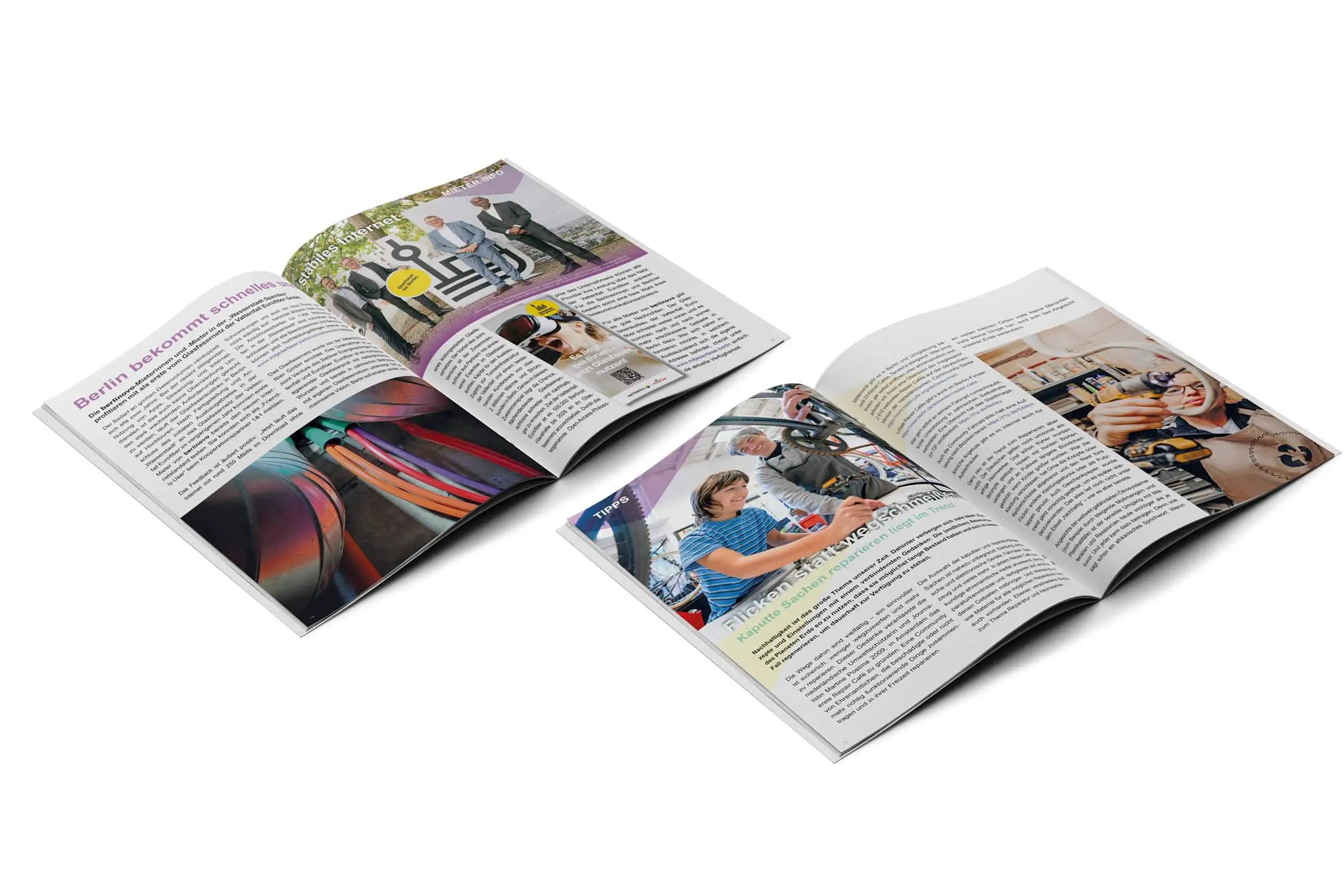 Zwei aufgeschlagene Doppelseiten vom FAIRBERLINER, dem MieterMagazin der berlinovo. Zu sehen sind Abbildungen zur aktuellen Berichten über Aktivität von berlinovo und zur Reportagen mit Themen, die für die Mieter vom Interesse sind.