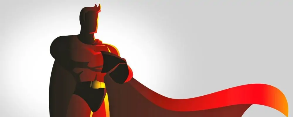 Eine Illustration, die die Silhouette der Comicfigur vom „Superman” zeigt, der in einer selbstbewussten Haltung steht. Die Silhouette ist in schwarz, das Cape ist in rot.