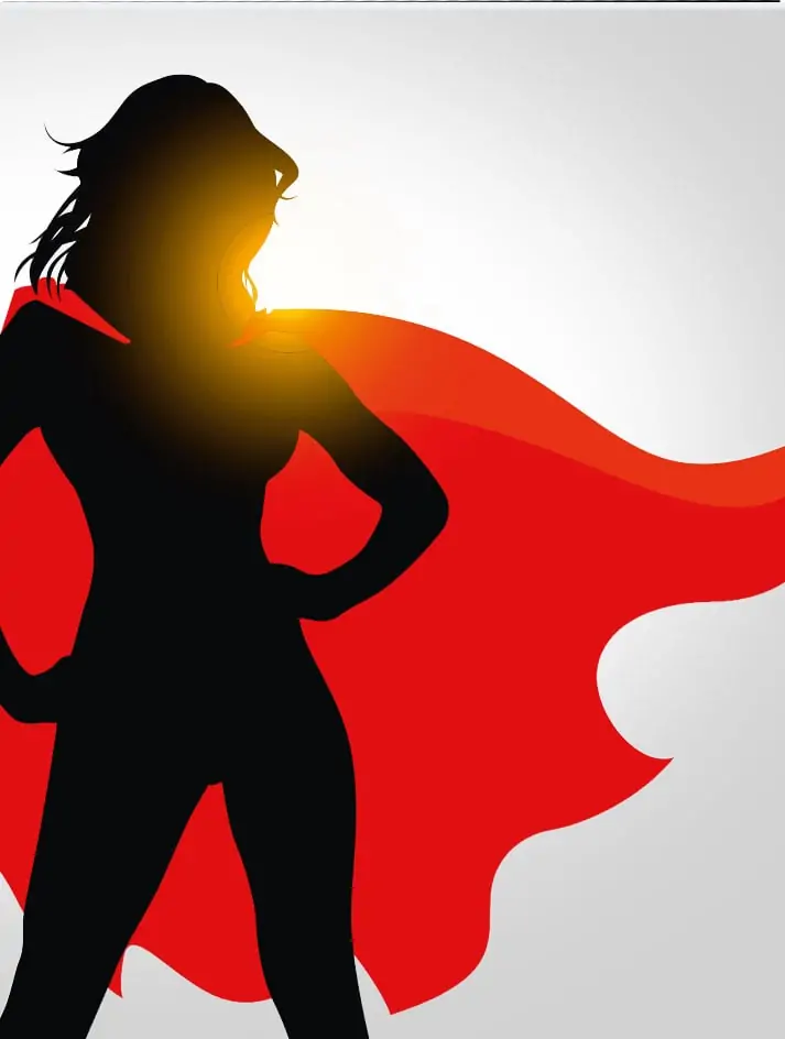 Eine Illustration, die die Silhouette der Comicfigur vom „Superwoman” zeigt, die in einer selbstbewussten Haltung steht. Die Silhouette ist in schwarz, das Cape ist in rot.