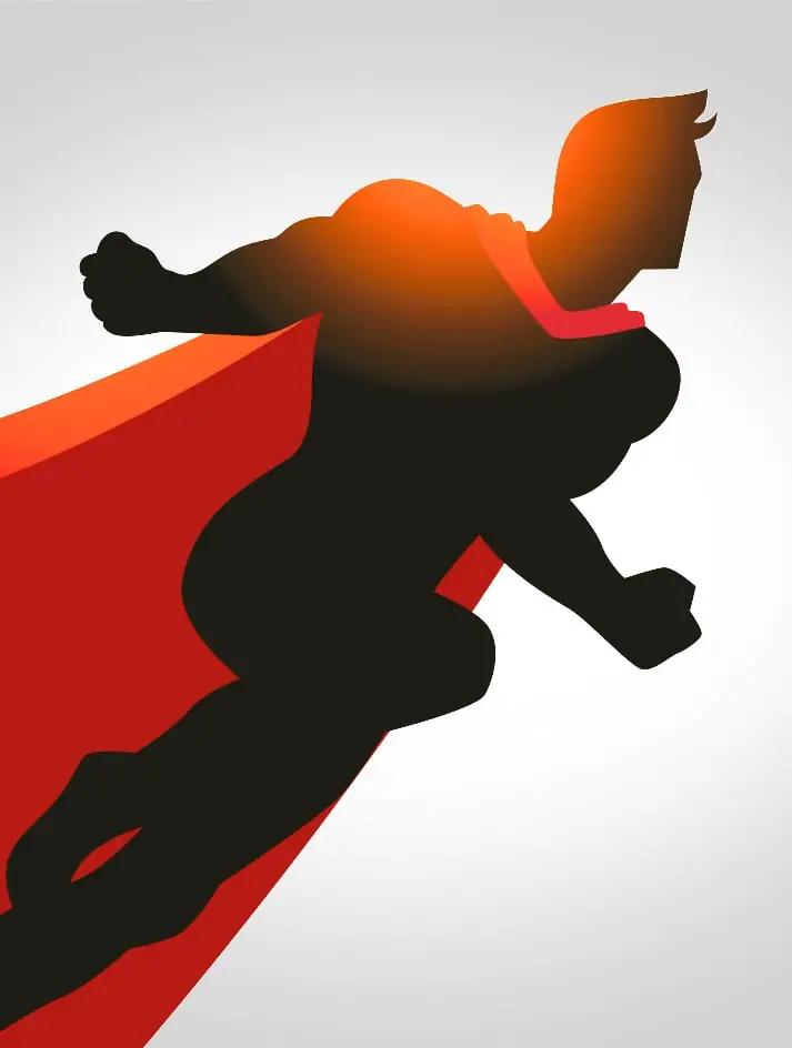 Eine Illustration, die die Silhouette der Comicfigur vom „Superman” zeigt, der einen Anlauf nimmt, bevor er in die Luft steigt. die Silhouette ist in schwarz, das Cape ist in rot.